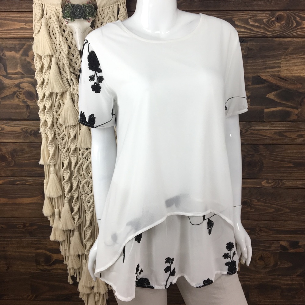 XXFS | Floral Embroidered Tiered High Low Blouse Black White Blouse Layered